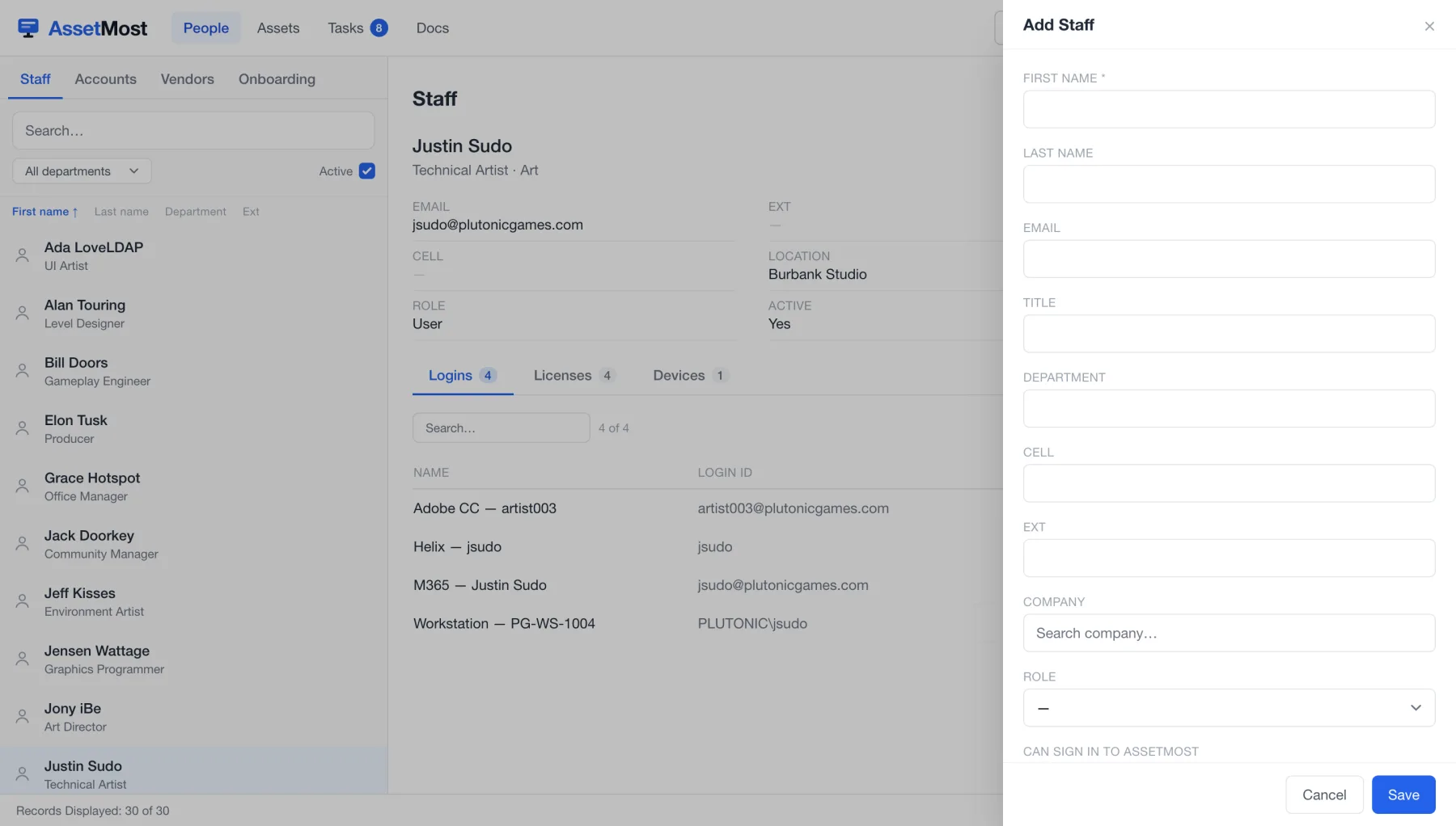 The Add Staff drawer with name, contact, company, and role fields