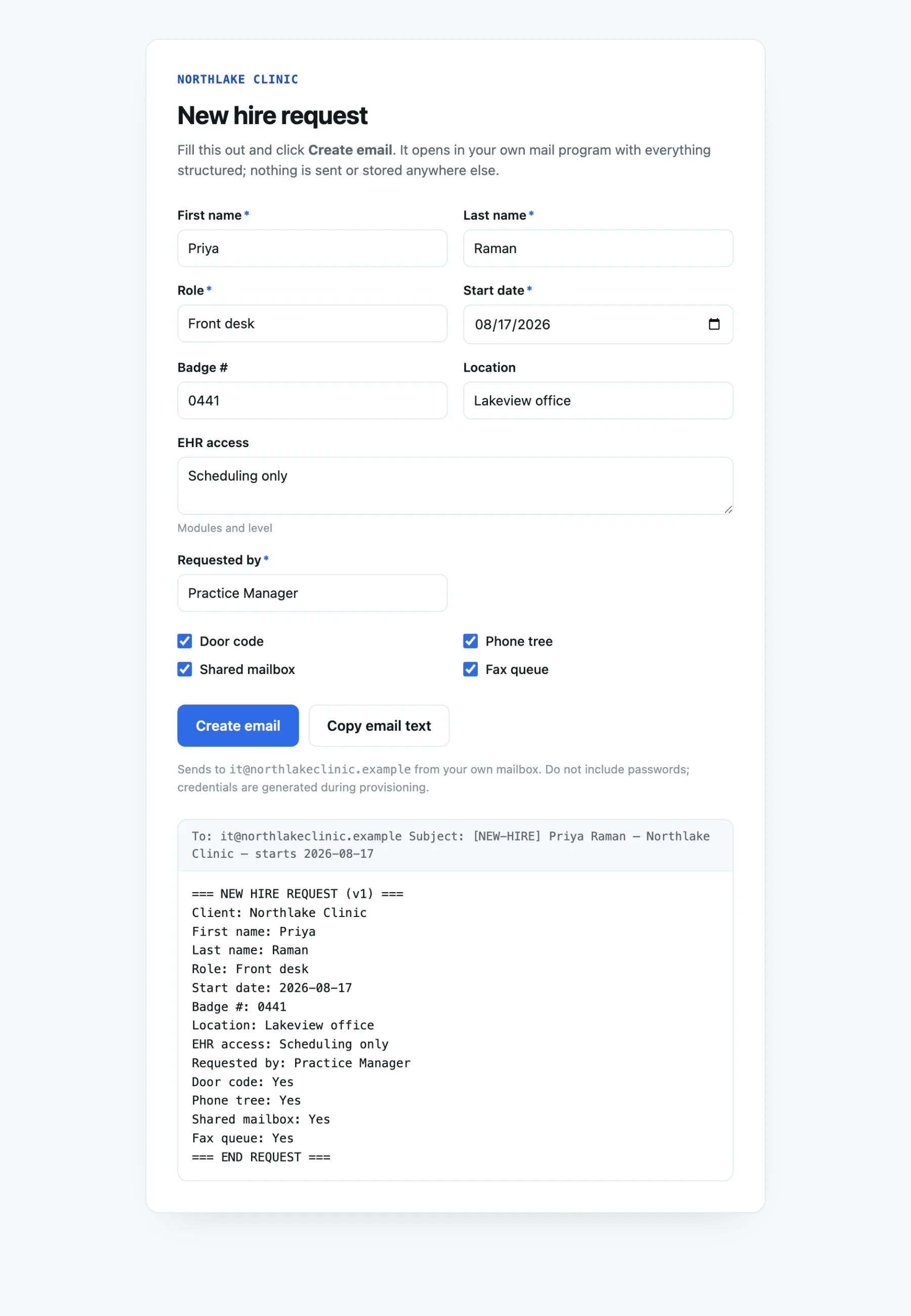 Northlake Clinic onboarding form with badge, EHR access, and clinic-specific checkboxes