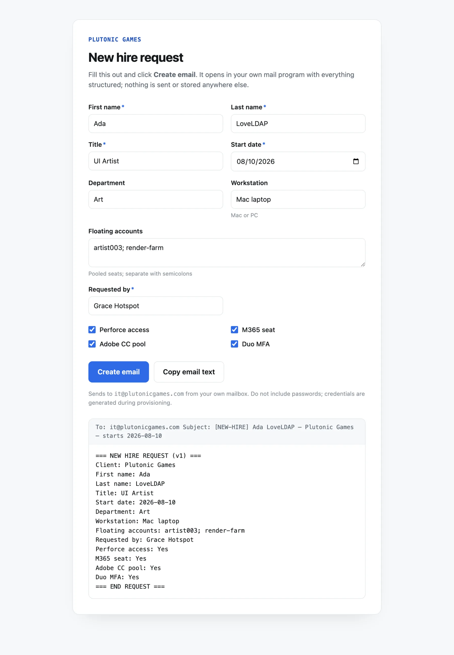 Plutonic Games onboarding form with studio-specific fields like floating accounts and Perforce access