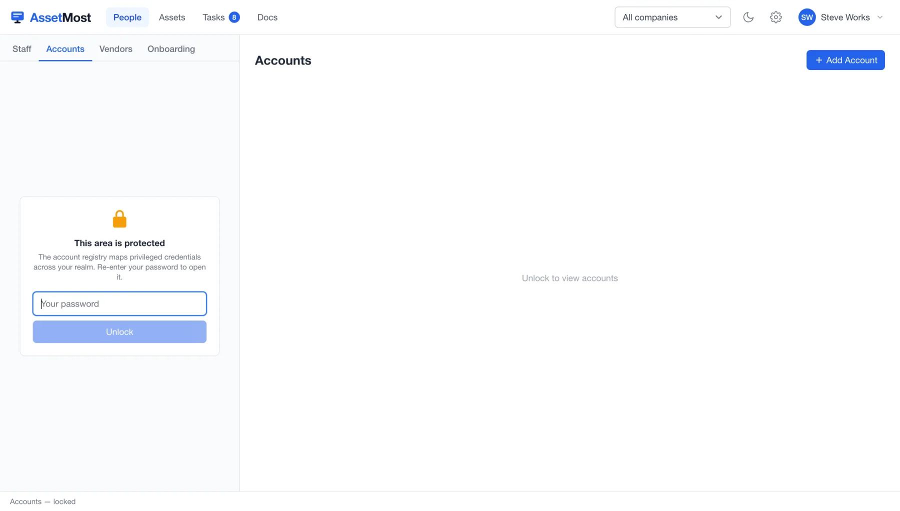 The account registry locked behind a re-authentication prompt
