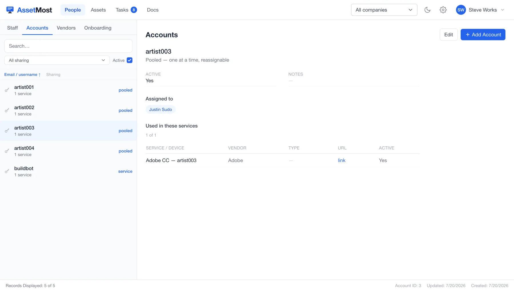 The unlocked account registry: pooled artist seats and a service account, passwords never shown in lists