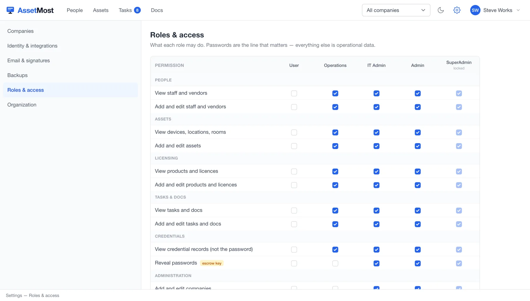 Settings: Roles and access