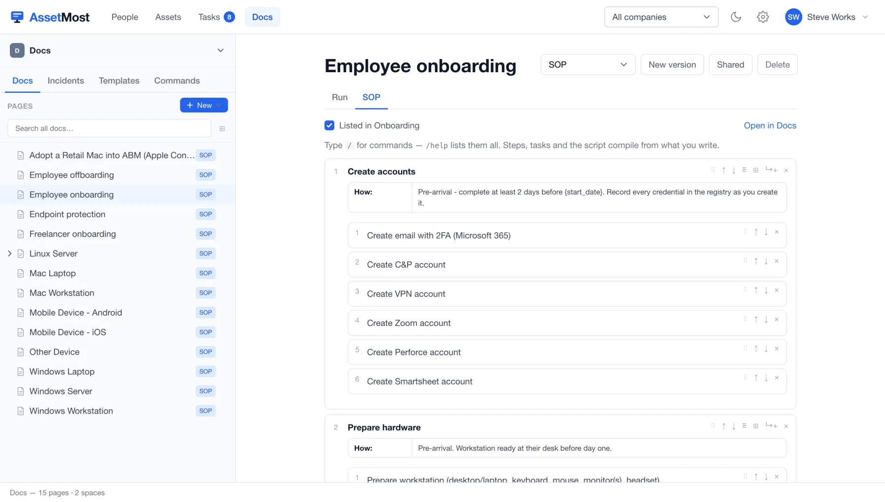 The SOP tab of employee onboarding: steps and substeps for creating each account